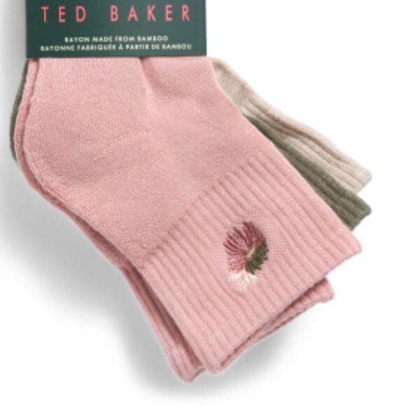 Ted Baker Pink Green Beige High Quarter Crew Floral Embroidery Stretch Socks 3pk - Picture 3 of 16